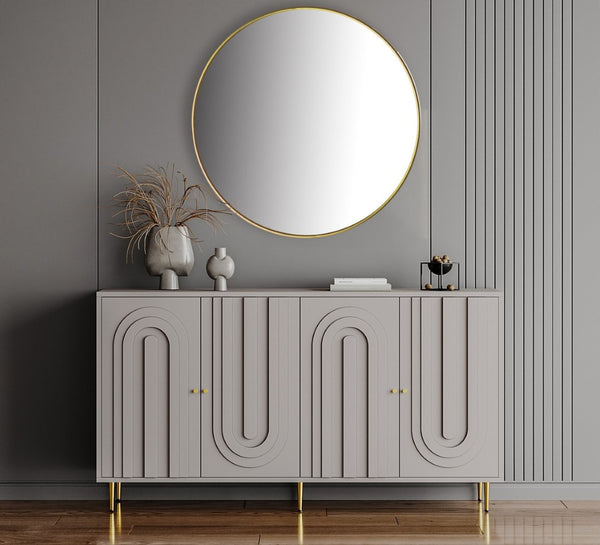 English Elm Accent Sideboard with Fluted Glass Doors Matte Black Lacquer Finish for Dining Entryway Gray W1435133312