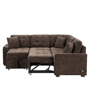English Elm 82.6" Velveteen L-shaped Sleeper Sectional with Usb Ports and Power Sockets for Living Room SG001230AAD