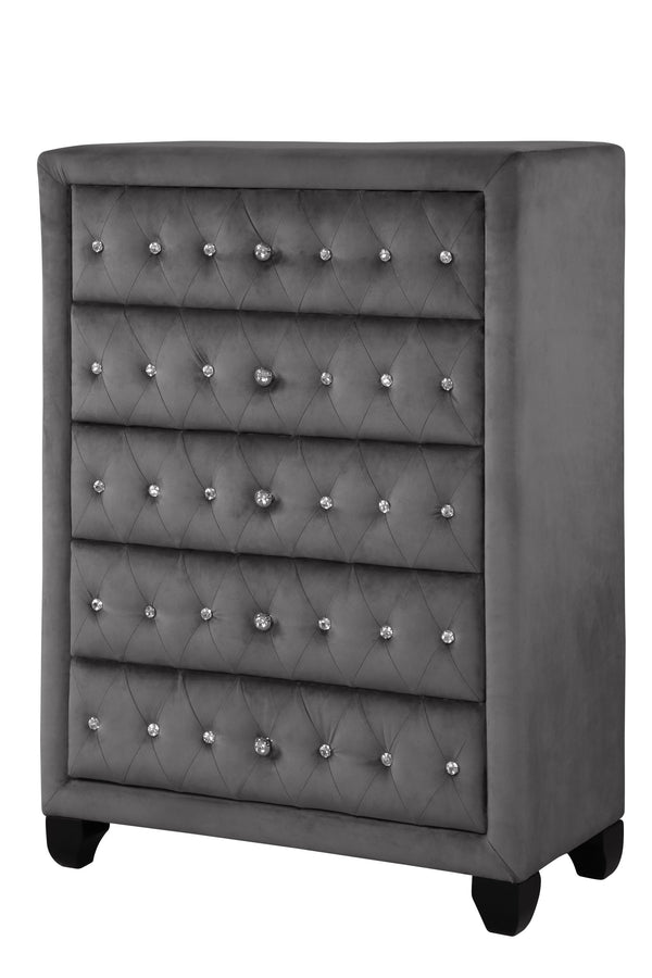 English Elm Sophia Velvet Gray 5-Drawer Chest — Hollywood Regency Crystal-Tufted Upholstered Storage Elegance G150108606