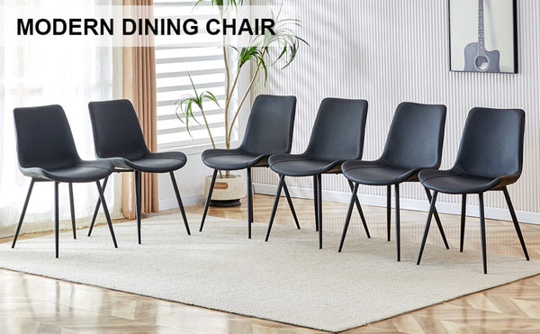 English Elm Black Pu Leather Dining Chairs Set of Six with Metal Legs Curved Cushioned Seats Black W1151126210