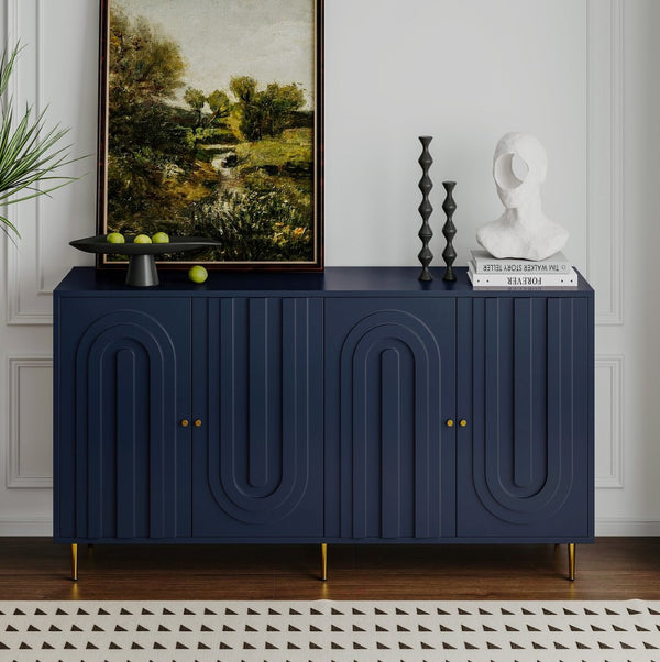 English Elm Accent Sideboard with Fluted Glass Doors Matte Black Lacquer Finish for Dining Entryway Blue W1435133313