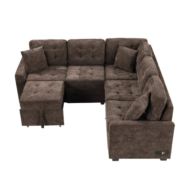 English Elm 82.6" Velveteen L-shaped Sleeper Sectional with Usb Ports and Power Sockets for Living Room SG001230AAD