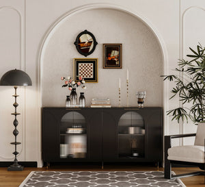 English Elm Accent Sideboard with Fluted Glass Doors Matte Black Lacquer Finish for Dining Entryway W1435133310