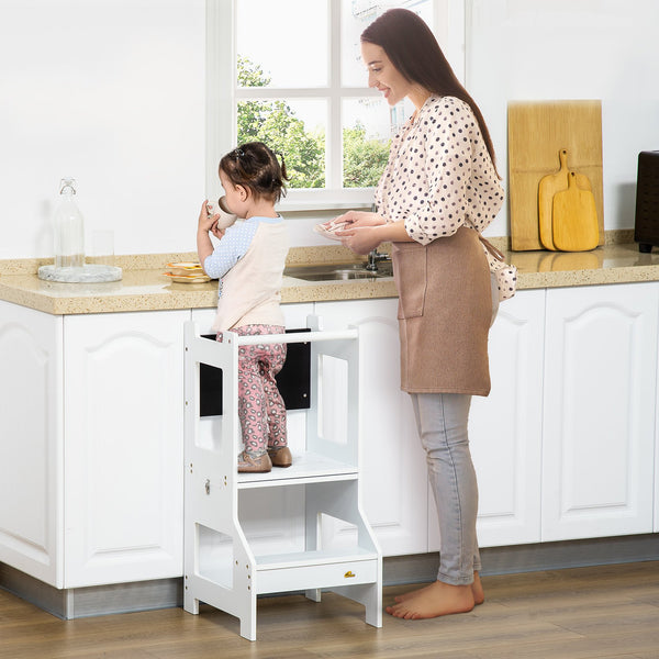 English Elm Kids Kitchen Tower 2-in-1 Toddler Step Stool with Chalkboard, Safety Rails, MDF Play Table White W2225142245