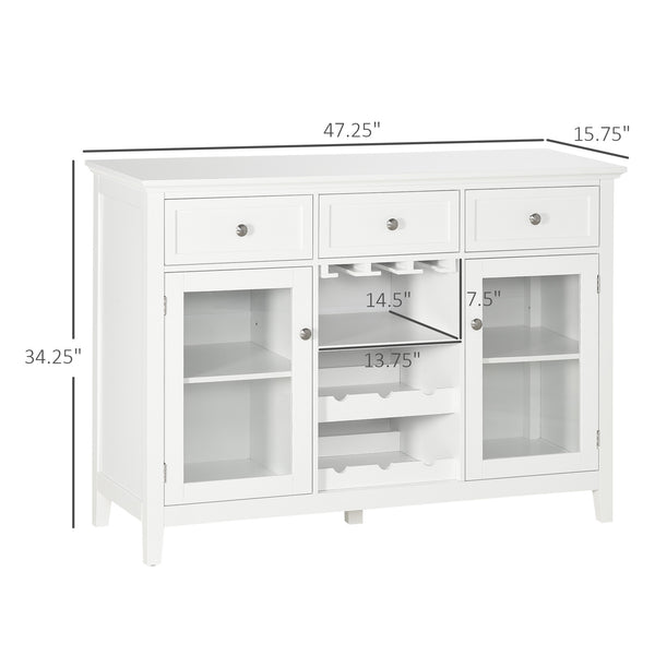 English Elm Coffee Bar Cabinet with Glass Doors, 3 Drawers, 6-Bottle Rack, Stemware Storage, White Sideboard W2225S00025