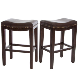 English Elm Christopher Knight Home® - TIFFIN Studded Counterstool Set of 2 Brown PU Saddle Seats with Rubberwood H-Frame & Nailhead Trim 67703.00