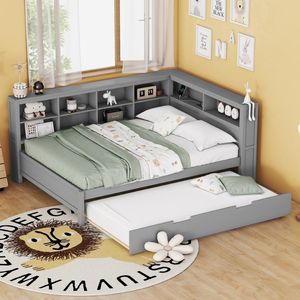 English Elm Wooden Twin Daybed with Storage Drawers Usb Charging Shelf and Pine Frame N733S347731E