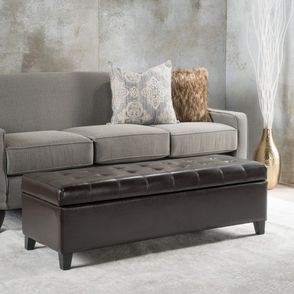 English Elm Storage Ottoman Bench with Button Tufted Waffle Lid for Bedroom or Living Room 68087.00PUCHOCBRN