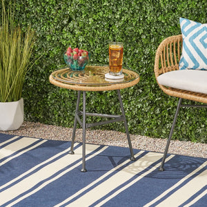 English Elm Orlando Outdoor Faux Rattan Side Table Tempered Glass Top for Deck or Porch 65038.00LBRN