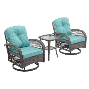 English Elm 3 Pieces Outdoor Swivel Rocker Patio Chairs Set with 360° Recline, Thick Cushions & Tempered Table Blue W640142359
