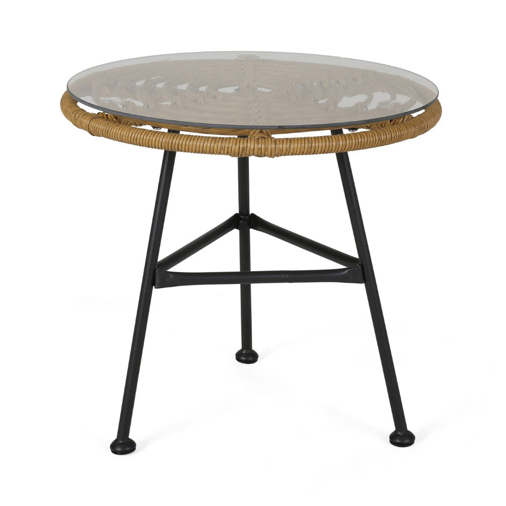 English Elm Orlando Outdoor Faux Rattan Side Table Tempered Glass Top for Deck or Porch 65038.00LBRN