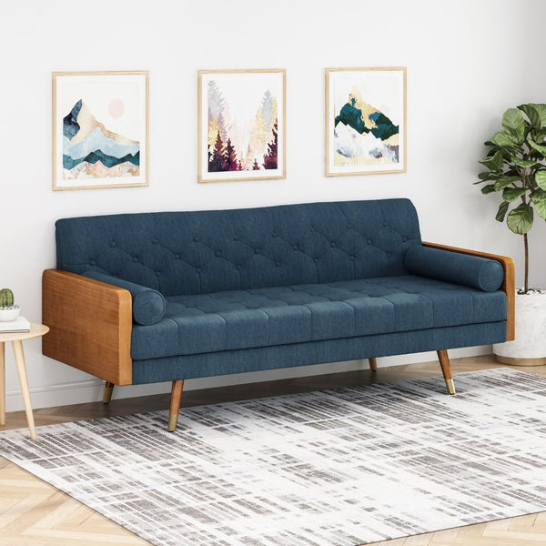 English Elm Aidan Tufted Fabric Sofa with Diamond Stitching and Gold Tipped Rubberwood Legs Navy Blue 61688.00NBLU