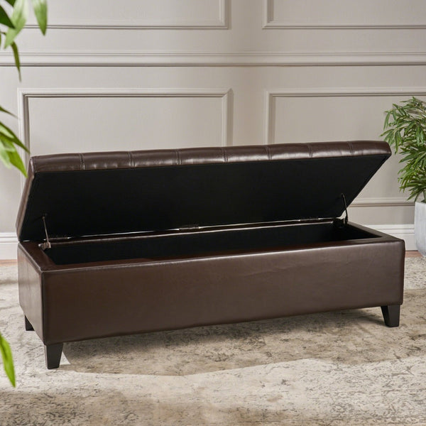 English Elm Storage Ottoman Bench with Button Tufted Waffle Lid for Bedroom or Living Room 68087.00PUCHOCBRN