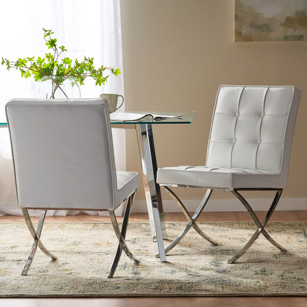 English Elm Christopher Knight Home® - PAVILION Dining Chair Set of 2 with Button-Tufted Waffle Stitching and Polished Silver X-Leg Base White 59927.00WHI