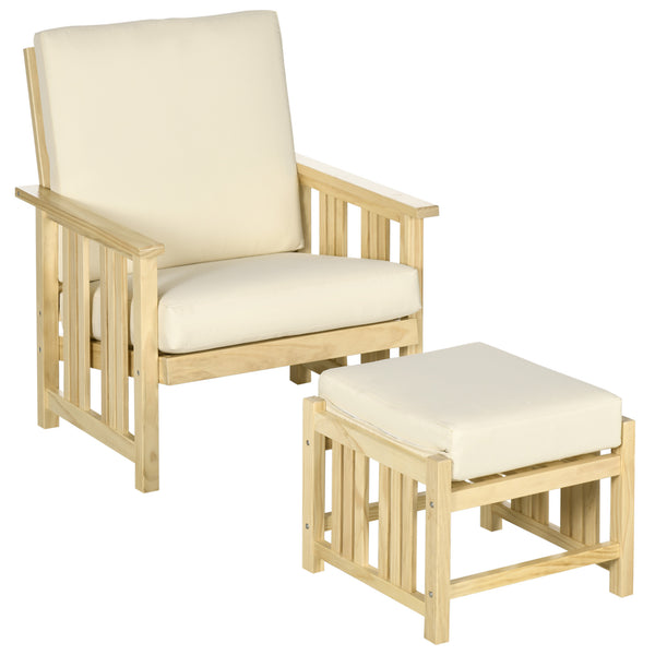 English Elm Patio Solid Pinewood 2-Piece Outdoor Lounge Set with 4" Cushions, Compact Armchair & Ottoman, Beige W2225142509