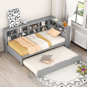 English Elm Wooden Twin Daybed with Trundle Storage Shelf and Usb Ports for Guest Rooms HL000074AAG