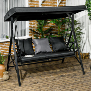 English Elm 3-Seat Patio Swing Chair with 660lb Capacity, Padded Cushion, 3 Pillows & Adjustable 140° Canopy Black W2225142468