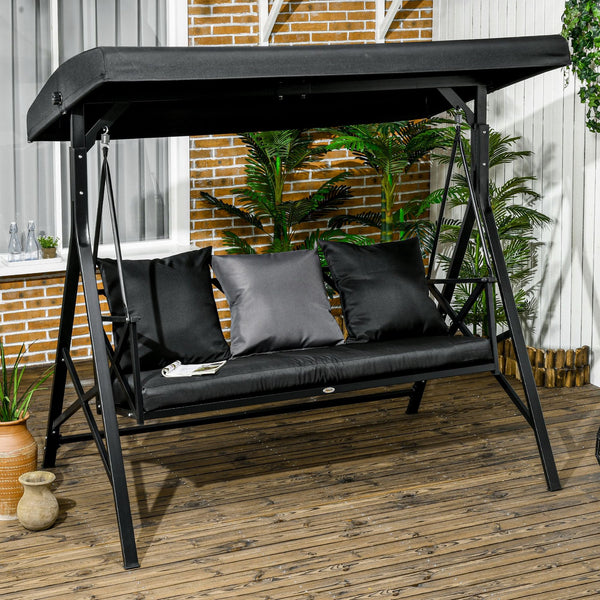 English Elm 3-Seat Patio Swing Chair with 660lb Capacity, Padded Cushion, 3 Pillows & Adjustable 140° Canopy Black W2225142468