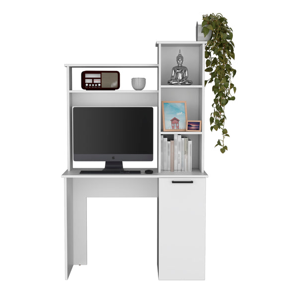 English Elm Computer Desk Dumas Modern White Engineered Wood with Hutch, Open Shelves & Cabinet, 25.8"x17.7" Work Surface B092142795