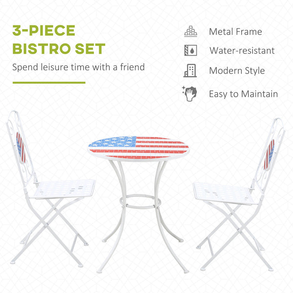 English Elm 3 Piece Patio Bistro Set Patriotic Folding Outdoor Furniture with USA Mosaic Table, Durable Metal Frames W2225142611