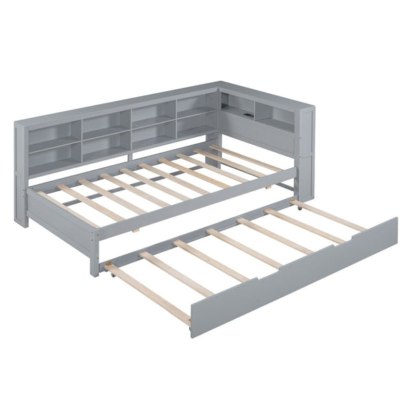 English Elm Wooden Twin Daybed with Trundle Storage Shelf and Usb Ports for Guest Rooms HL000074AAG