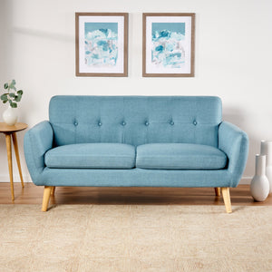 English Elm Christopher Knight Home® - sofa Mid-Century Loveseat with Button-Tufted Waffle Stitch, Upholstered Rubberwood Frame for Small Spaces Blue 60863.00BLU