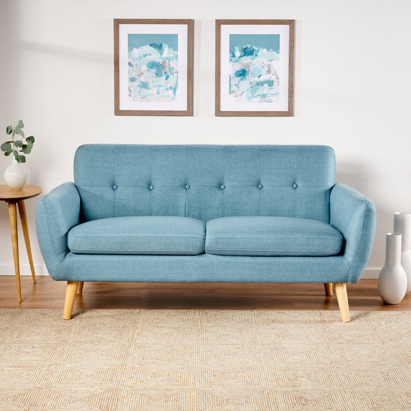 English Elm Christopher Knight Home® - sofa Mid-Century Loveseat with Button-Tufted Waffle Stitch, Upholstered Rubberwood Frame for Small Spaces Blue 60863.00BLU