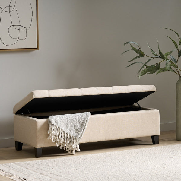 English Elm Storage Ottoman Bench with Button Tufted Waffle Lid for Bedroom or Living Room 68087.00DBGELNN