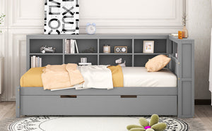English Elm Wooden Twin Daybed with Trundle Storage Shelf and Usb Ports for Guest Rooms HL000074AAG