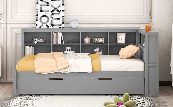 English Elm Wooden Twin Daybed with Trundle Storage Shelf and Usb Ports for Guest Rooms HL000074AAG