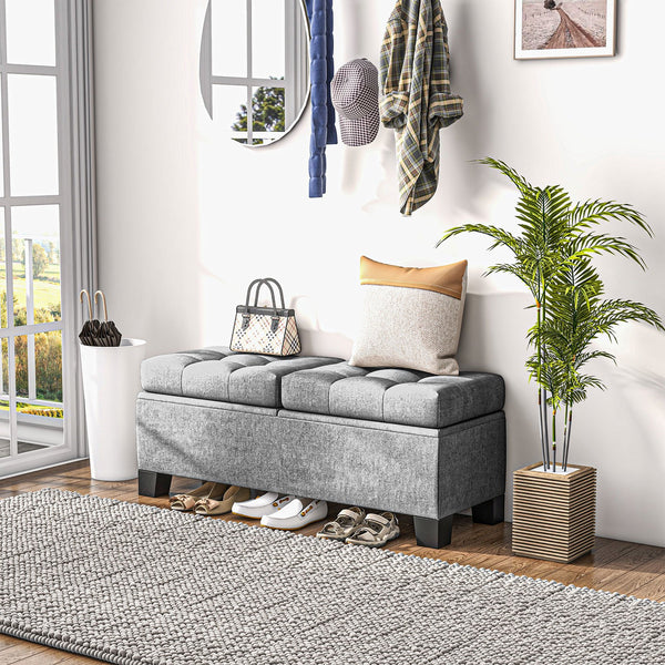 English Elm 46" Tufted Storage Ottoman Bench with Steel Frame, Linen Upholstered End-of-Bed Seating with Safety Hinges, Gray (46.75" x 16.5") W2225142646