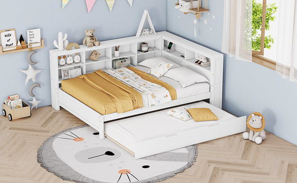 English Elm Wooden Full Size DayBed with Trundle, Pine Frame, Dual Storage Shelf and Built-in USB Charging Ports White 80 L x 13.8 W x 7.5 H N733S347731K