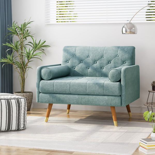 English Elm Club Chair Tufted Accent Seat with Bolster Pillows and Gold Splayed Legs for Living Room 63050.00BLU