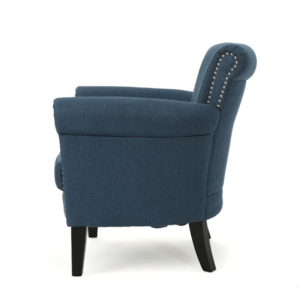 English Elm Christopher Knight Home® - CLUB Chair with Curved Silhouette and Nailhead Trim — Upholstered Luxury Accent Seat with Birch Legs Navy Blue 31.5 L x 24.75 W x 23 H 60841.00NBL