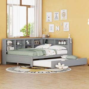 English Elm Wooden Twin Daybed with Storage Drawers Usb Charging Shelf and Pine Frame N733S347731E