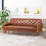 Christopher Knight Home® - Noble House - Barnard Mid-Century Modern Tufted Sofa with Rolled Accent Pillows, Cognac Brown, Dark Walnut, and Gold