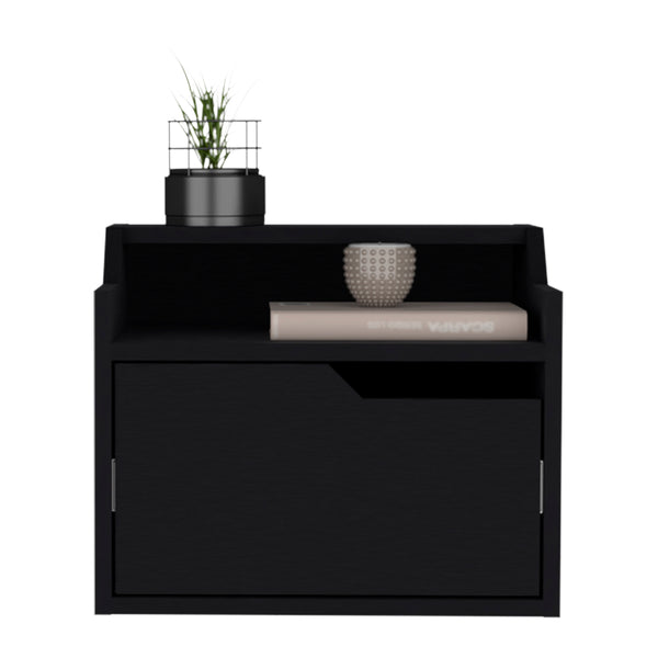 English Elm Floating Nightstand Chester Wall-Mount Black — Modern Dual-Tier Floating Shelf with Spacious Drawer, Sleek Design B092142809
