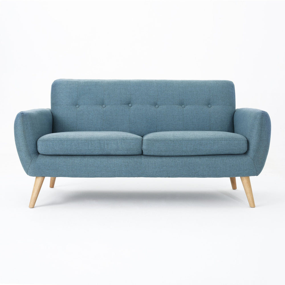 English Elm Christopher Knight Home® - sofa Mid-Century Loveseat with Button-Tufted Waffle Stitch, Upholstered Rubberwood Frame for Small Spaces Blue 60863.00BLU