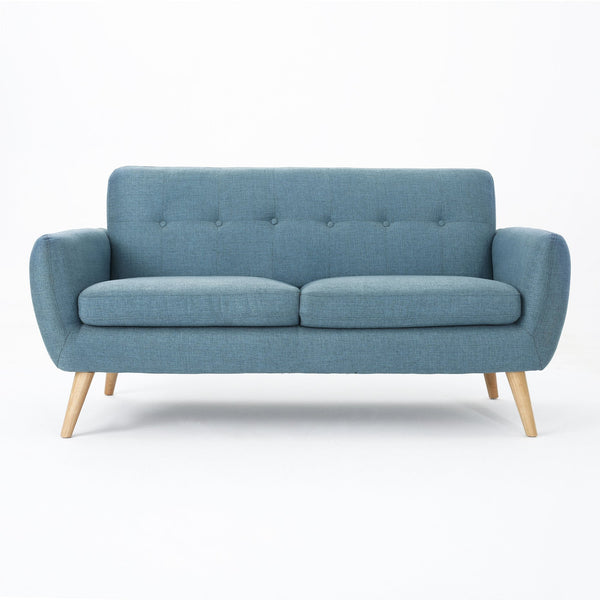 English Elm Christopher Knight Home® - sofa Mid-Century Loveseat with Button-Tufted Waffle Stitch, Upholstered Rubberwood Frame for Small Spaces Blue 60863.00BLU
