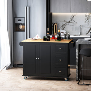 English Elm Mobile Kitchen Island Rolling Cart with Drop-Leaf Countertop, 3 Drawers, 2-Door Storage & Racks, Black W2225142636