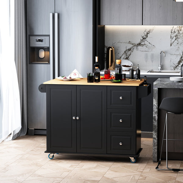 English Elm Mobile Kitchen Island Rolling Cart with Drop-Leaf Countertop, 3 Drawers, 2-Door Storage & Racks, Black W2225142636