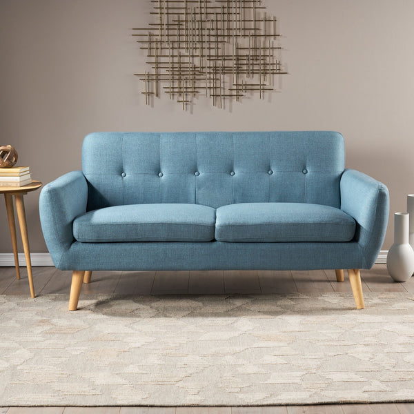 English Elm Christopher Knight Home® - sofa Mid-Century Loveseat with Button-Tufted Waffle Stitch, Upholstered Rubberwood Frame for Small Spaces Blue 60863.00BLU