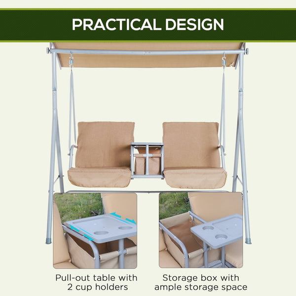 English Elm 2 Person Porch Swing Standalone with Tiltable Canopy, Cushioned 2-Seat Outdoor Swing w/ Tray & Cup Holders, Steel Frame, Beige W2225142480