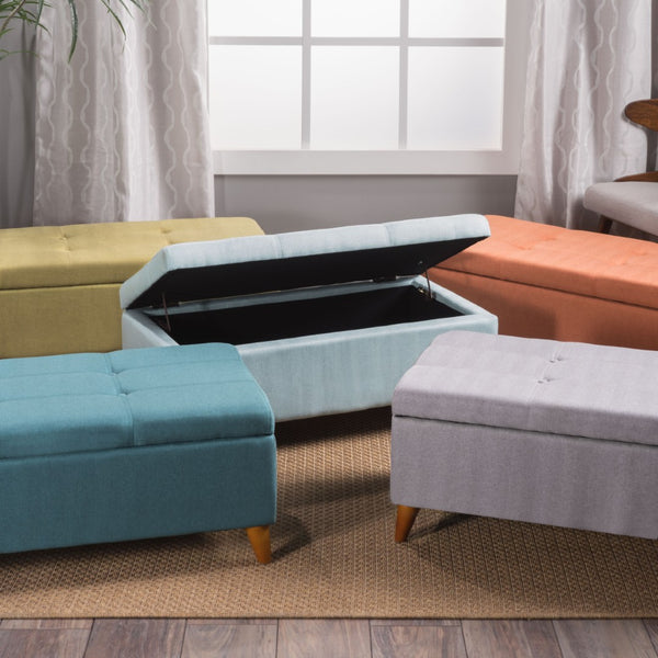 English Elm Storage Ottoman Bench with Lift Top Grey Upholstered Rolled Arm Traditional Style 74491.00ORG