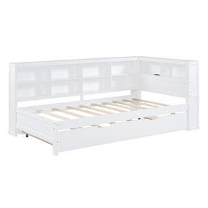 English Elm Wooden Twin Daybed with Storage Drawers Usb Charging Shelf and Pine Frame N733S347509K
