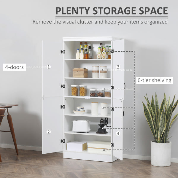 English Elm 70" Kitchen Pantry Tall Freestanding Storage Cabinet with 6-Tier Shelves, 4 Doors, Black Handles, Anti-Tip Protection White W2225S00027