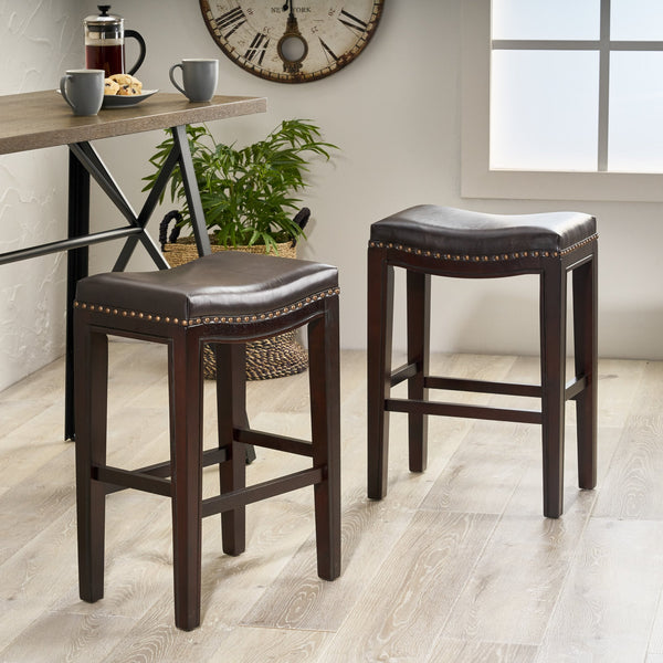 English Elm Christopher Knight Home® - TIFFIN Studded Counterstool Set of 2 Brown PU Saddle Seats with Rubberwood H-Frame & Nailhead Trim 67703.00
