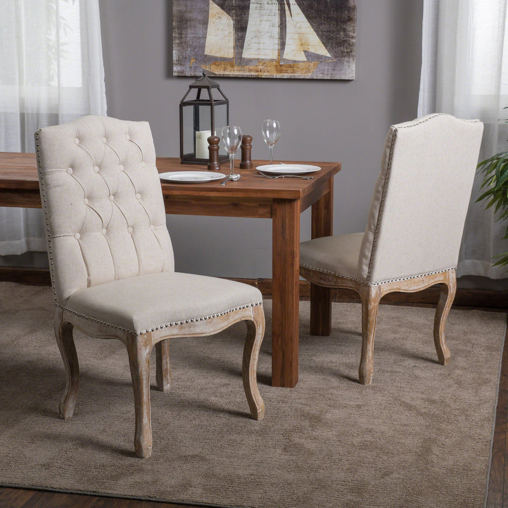 English Elm Christopher Knight Home® - DINING Button-Tufted Beige Fabric Chairs Set of 2 with Nailhead Accents & Weathered Wood Legs - Elegant 63229.00BGE