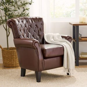 Christopher Knight Home® - Noble House - Franklin Mid-Century Modern Tufted Club Chair with Rolled Arms, Chestnut Brown