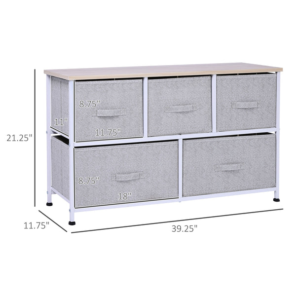 English Elm 40" Grey 5-Drawer Horizontal Storage Cube Dresser with Steel Frame, Removable Fabric Bins, Stable Organizer (39.5"L x 11.75"W x 21.25"H) W2225142644
